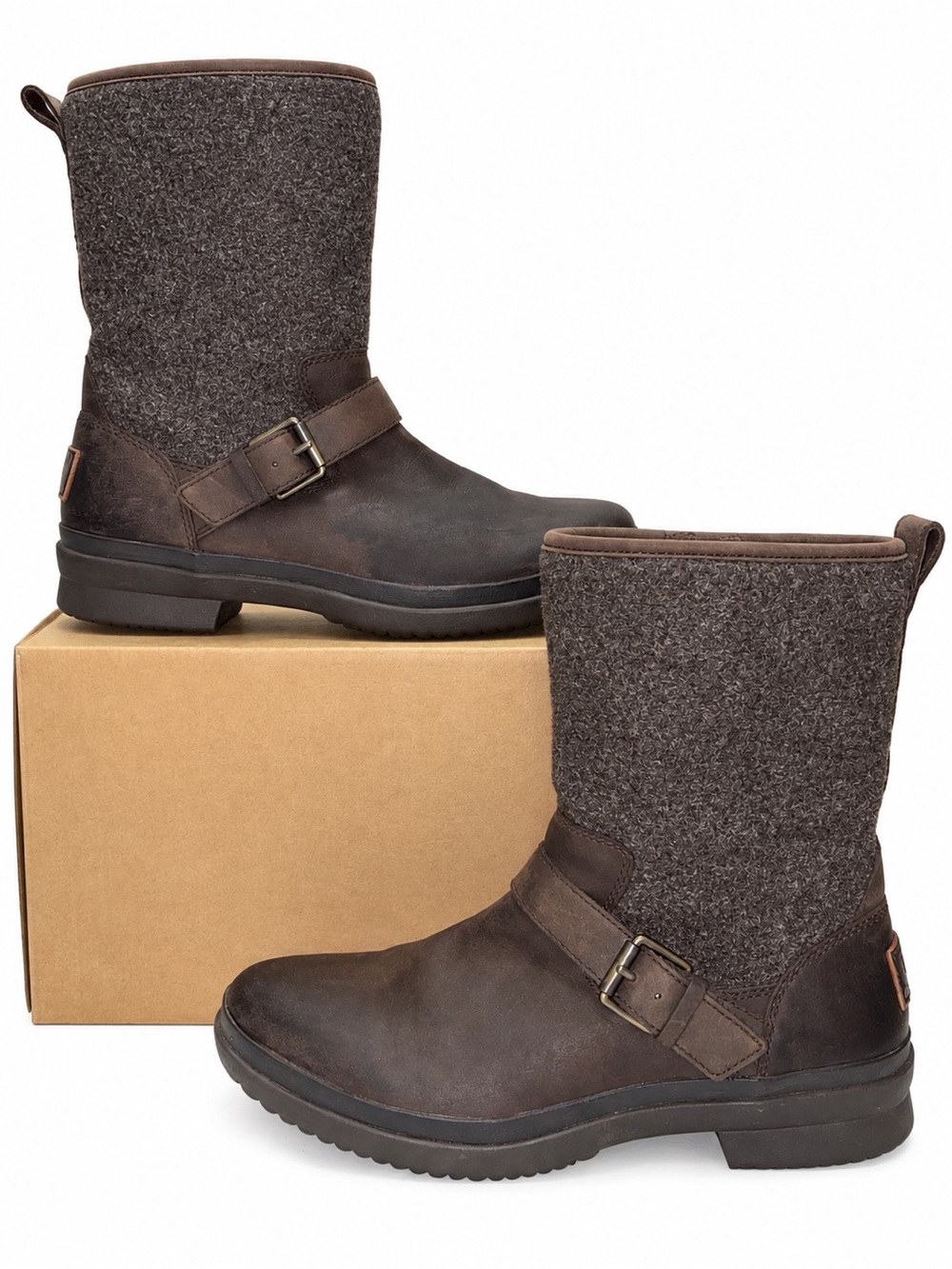UGG Robbie Waterproof Boots Women’s 7.5 Brown Leather Wool Buckle Mid Calf